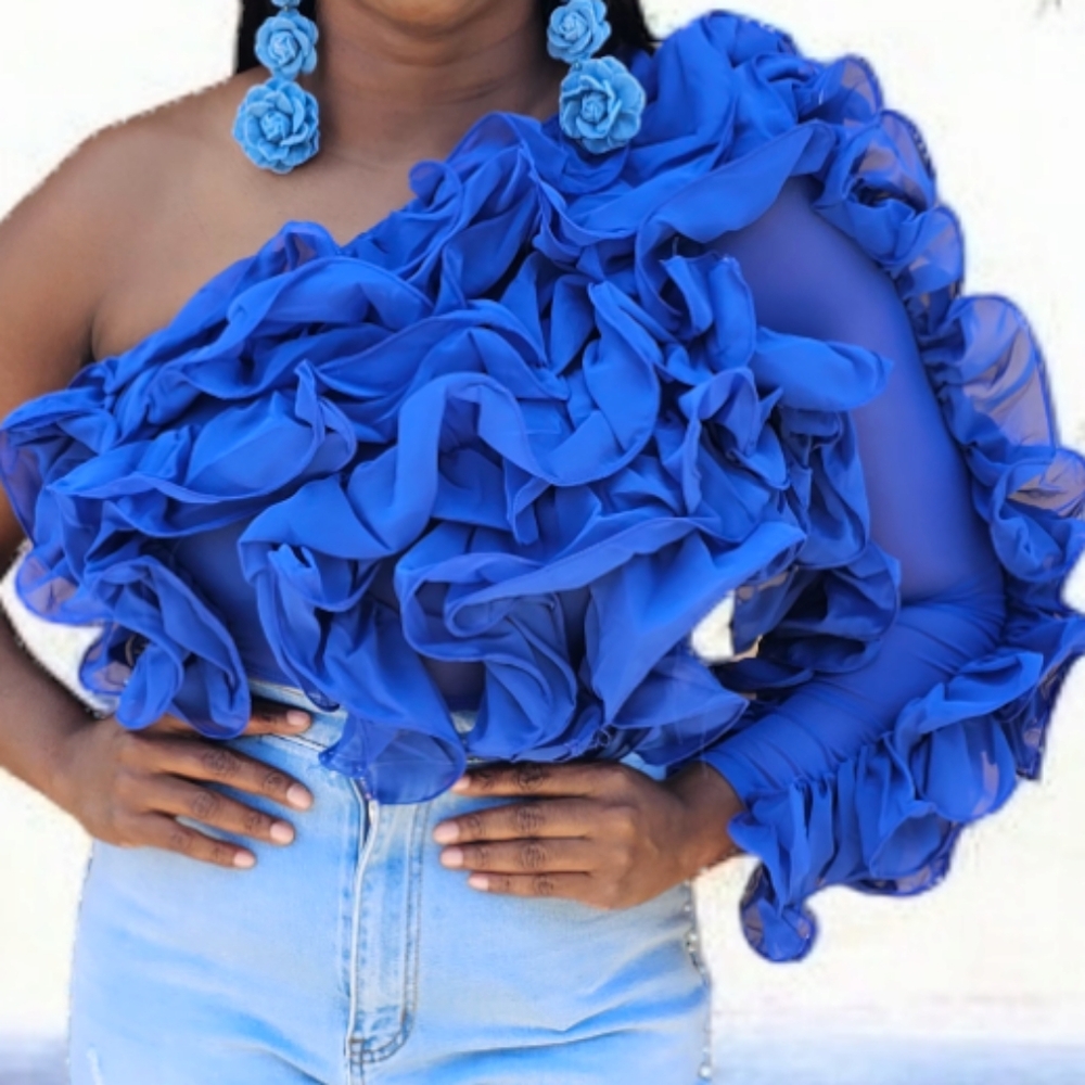 DEALS AND DISCOUNTS  Vibrant Blue Ruffled One-Shoulder Top Nwt